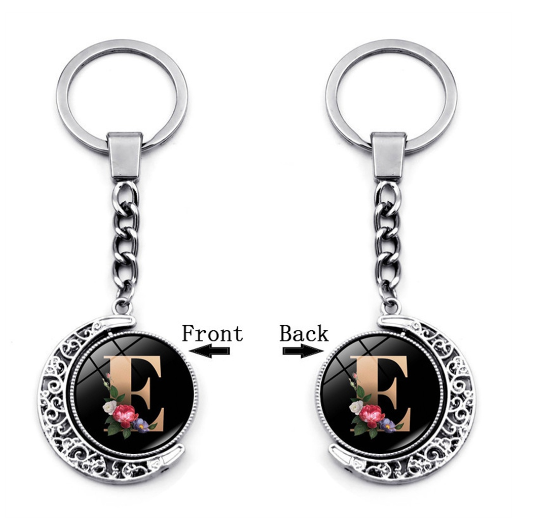 1PC Exquisite 26 Letter Glass Keychains Double Sides Moon Flower A-Z Initials Keyrings Handbag Charms Ornaments Gifts E