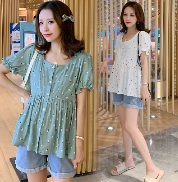 Short Sleeve Square Neck Fashion Maternity Blouse Loose Pregnancy Wear Plus Size Korean Pregnant Women Blouse Tops