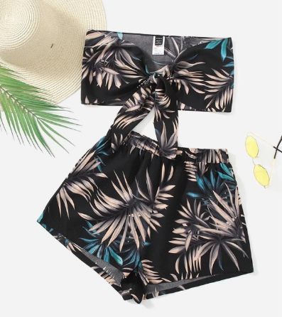 Tropical Print Tie Front/Back Tube Top & Shorts Set | Swimwear set | Bikini set