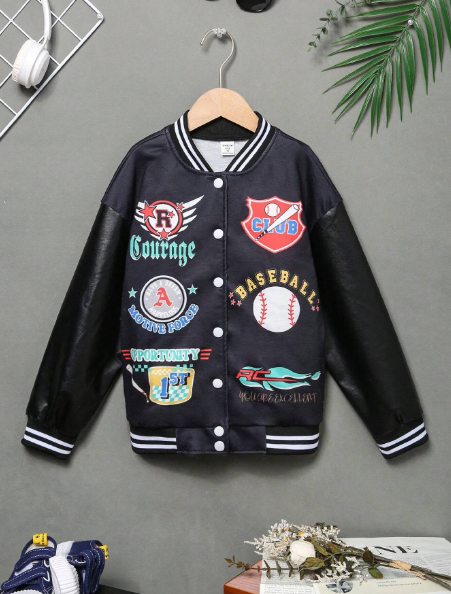 Tween Girls Casual Letter Print Splicing PU Sleeve Ribbed Hem Baseball Jacket, Autumn