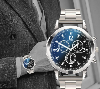 Men's Blu-ray Quartz Watch Glass Three Eyes Steel Band Watch