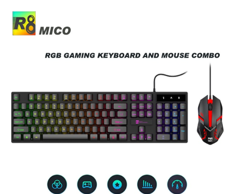 R8MICO R1909 Membrane Gaming Keyboard Wired Illuminated and Mouse Combo Arm Rest Design