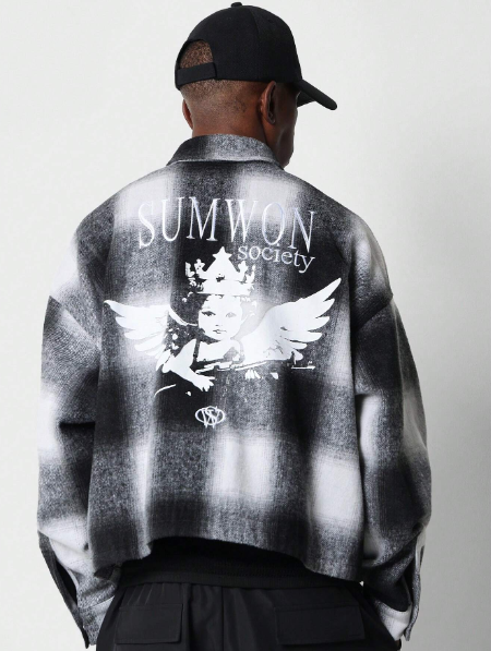 SUMWON Cropped Gingham Shirt With Back Graphic Print