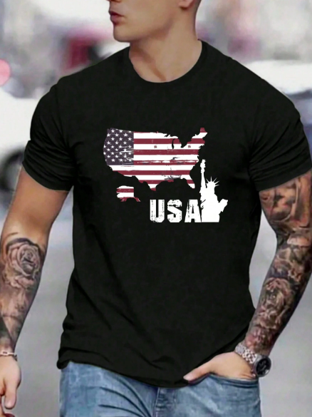 Men Casual Letter & Americana Print Short Sleeve Tee For Summer