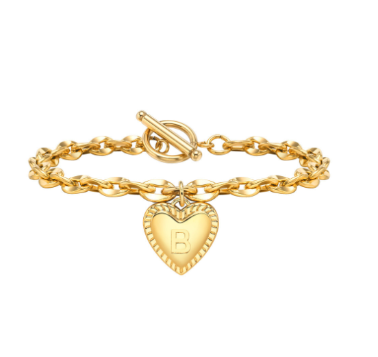 Vnox A-Z Letter Heart Charms Bracelet for Women Girl 18K Gold Elegent Love Stainless Steel Link Chain Initial Jewelry Birthday Present B