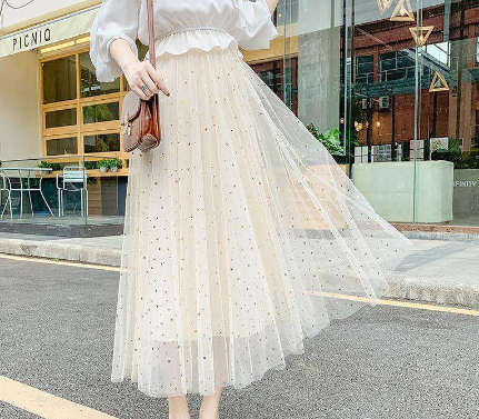 High Waist Thin Sequined Mesh Skirt A-Line Mid-Length All-match Fairy Skirt
