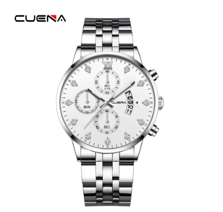 CUENA New Men's Watch Fashion Business Stainless Steel Waterproof Quartz Watch SILVER WHITE