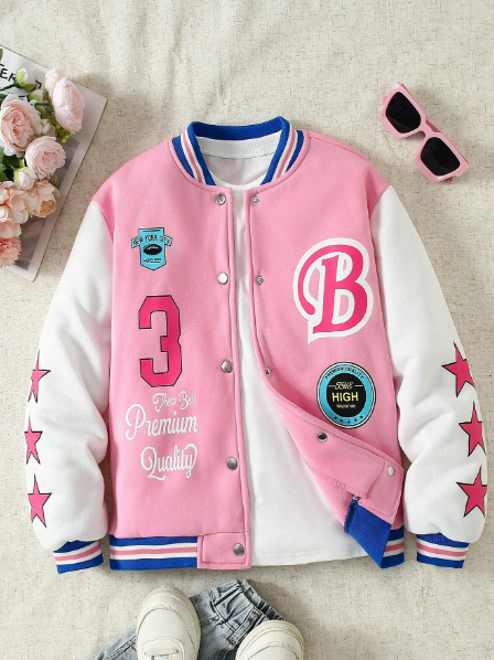 Girls' Contrast Color Pieced Multi-Letter Print Baseball Jacket