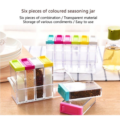 Transparent Plastic 6pcs Seasoning Set Box Kitchen Condiment Storage