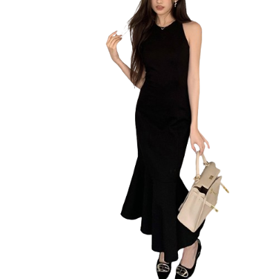 Lovito Women Elegant Plain Ruffle Hem Dress LNE34006 (Black)