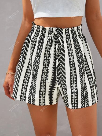SHEIN VCAY Geo Print Paperbag Waist Knot Front Shorts