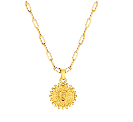 Vnox Initial 14K Gold-Plated Necklace, Round Pendant Adjustable Alphabet Letter Necklace for Women Men U