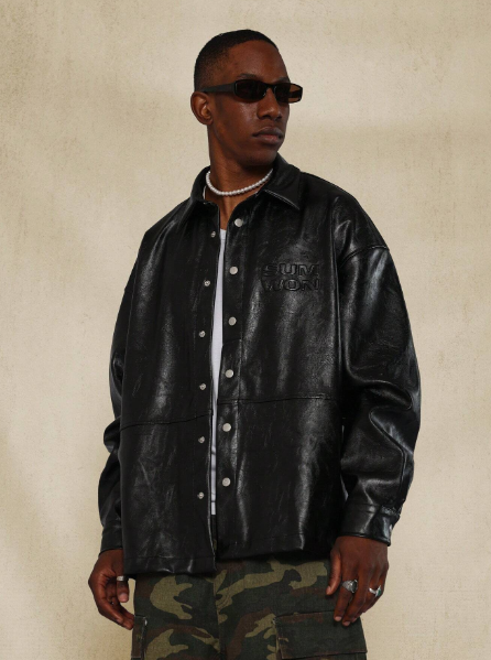 SUMWON Cracked Glossy PU Shirt With Emboss Print