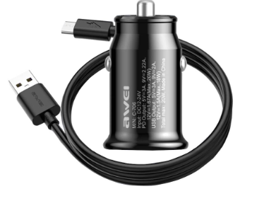 Awei C-706 20W Car charger +USB Type C Data Cable Ultra Fast Charging Quick Charge 3.0 & PD 20W