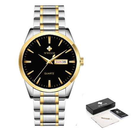 Wwoor Watch Men Stainless Steel Waterproof Quartz Wristwatch Date Relogio Masculino Watch BLACK DIAL TWO TONE