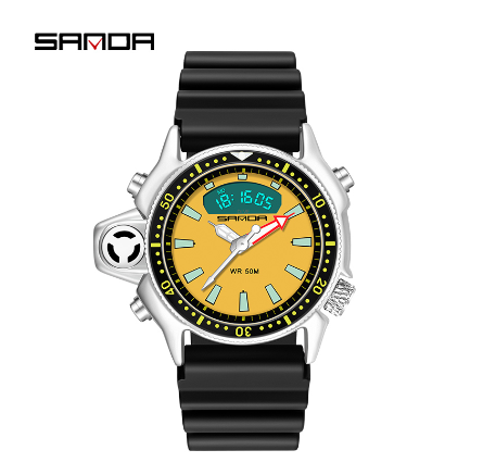 Sanda Waterproof Men Watch Sports Multifunctional Digital Dual Display Mens Watch BLACK YELLOW