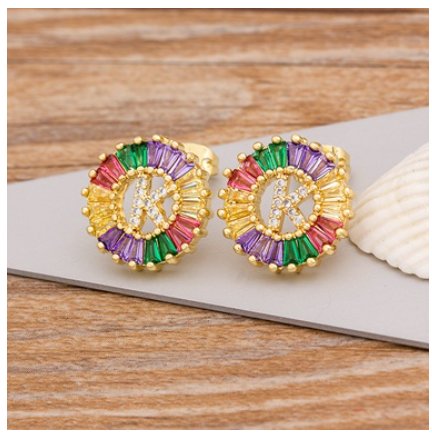 Colorful Choice 26 Initial Letters Earrings Cute Alphabet Copper CZ A-Z Rainbow Stud Earrings Name Jewelry K
