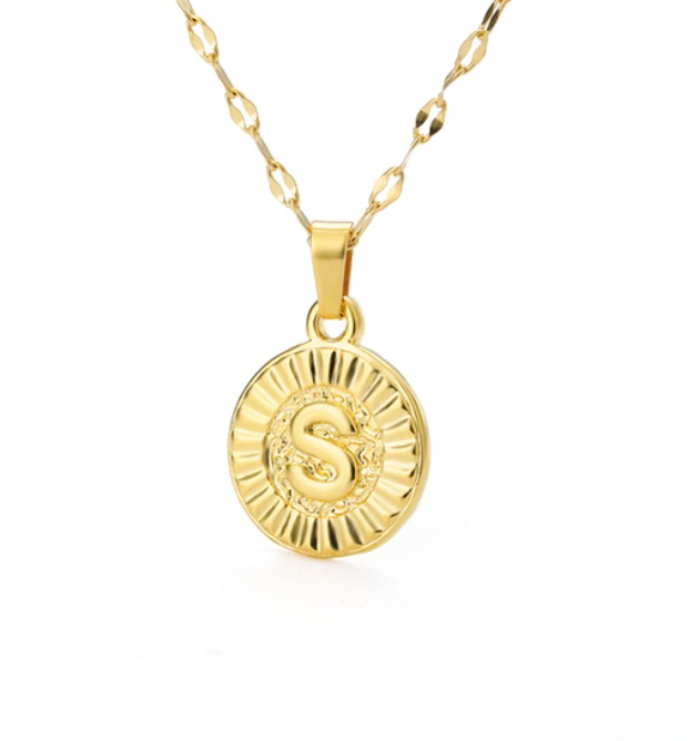 Maxzone A-Z Initial Round Letter Pendant Necklace For Women Stainless Steel Gold Choker Coin Letter Necklace S