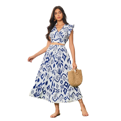 Lovito Women Casual Paisley Lace Up Skirt Sets LBA05083 (Skirt/Vest)
