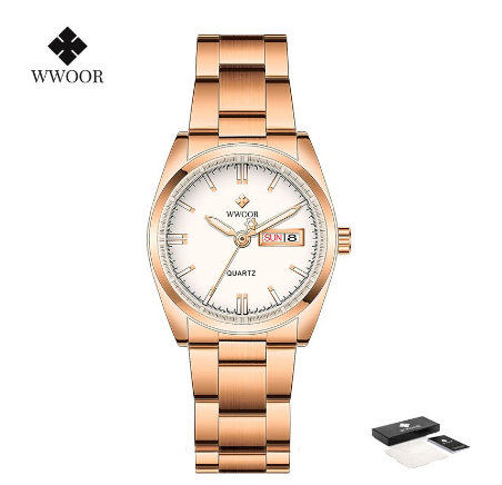 Wwoor Women Watches Stainless Steel Quartz Wrist Watch Creative Design Ladies Clock Female Watch WHITE DIAL ROSEGOLD CASE STRAP