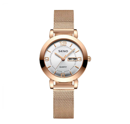 Seno Quartz Watches for Women Wristwatch Waterproof Calendar Stainless Steel Elegant Ladies Watch Female WHITE STEEL