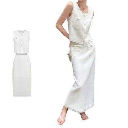 Lovito Women Elegant Plain Raw Hem Button Pocket Skirt Sets L77ED252