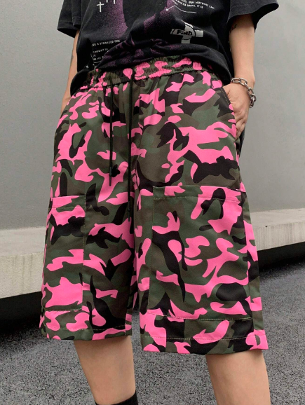 Manfinity EMRG Men's Camouflage Drawstring Waist American High Street Style Cargo Baggy Shorts