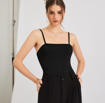 Casual Plain Spaghetti Straps Bodysuit (Black)