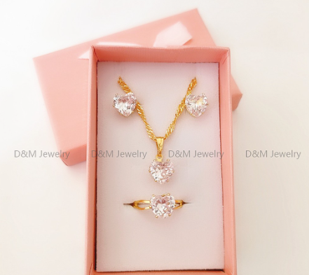DM jewelry 14K Saudi Gold Plated Jewelry Set 3in1 Necklace Earring Adjustable Ring