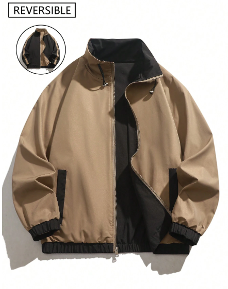 Men's Minimalist Zip-Up Drawstring Stand Collar Wind Resistant Reversible Jacket