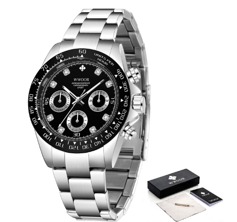 Wwoor Top Brand Men Sports Quartz Watches Stainless Steel Military Waterproof Chronograph Date Luxury BLACK WHITE SURFACE