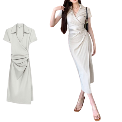 Lovito Women Casual Plain Ruched Asymmetrical Dress LNE29416 (White/Black)