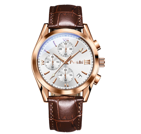 POSHI Men Watch Original Waterproof Exquisite High-End Sports Quartz Watches For Authentic Leather ROSEGOLD WHITE