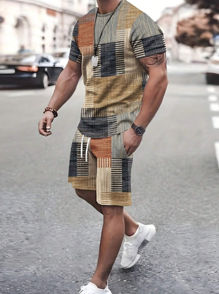 Men's Summer Plaid Printed Round Neck Short Sleeve Casual T-Shirt And Drawstring Waist Shorts Set