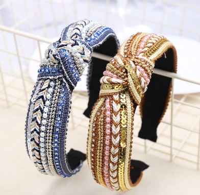 Korean Boho Sequin Women's Knot Headband Pearl Weaving Hairband Tie Weave Hair Hoop Hair Accessories