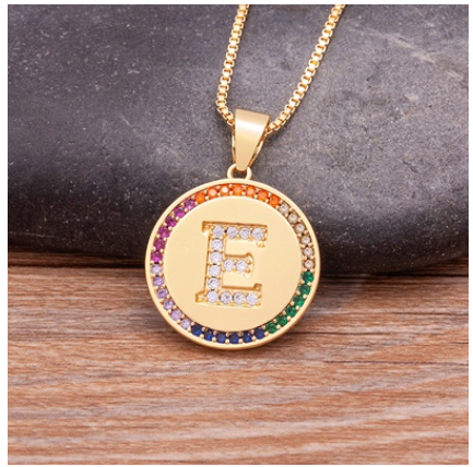 New Arrival Luxury A-Z Initial 26 Letters Pendant Charm Chain Necklaces High Quality Zircon Rainbow Jewelry E