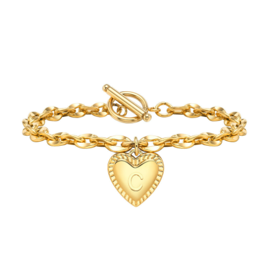 Vnox A-Z Letter Heart Charms Bracelet for Women Girl 18K Gold Elegent Love Stainless Steel Link Chain Initial Jewelry Birthday Present C