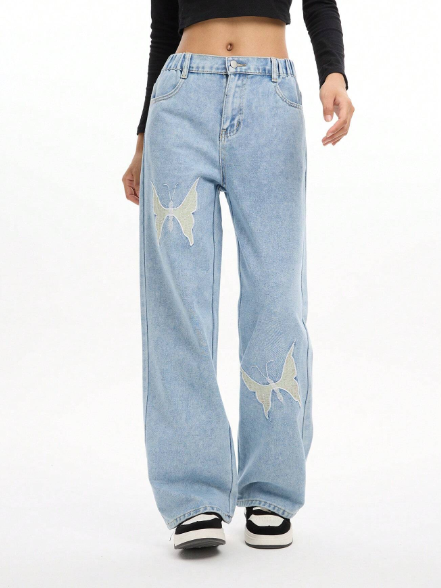 Girls' Vintage Embroidered Butterfly Loose Straight Leg Jeans, Casual Wide-Leg Pants