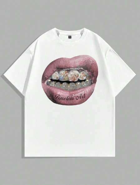 Manfinity ZONE917 Men's Plus Size Loose Trendy High Street Vintage Style Creative Lips Angel Madonna Oil Painting Print White Knitted T-Shirt.