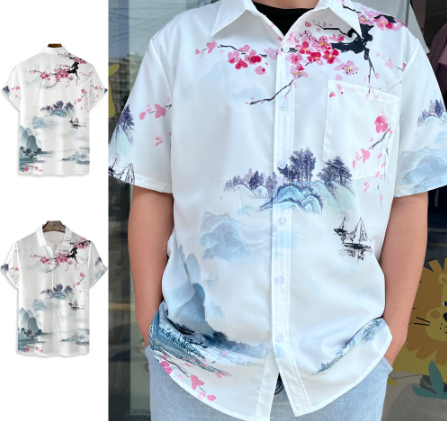Casual Shirt Men Short Sleeves Chinese Style Landscape Printing Loose Floral Printed Shirts Button Down