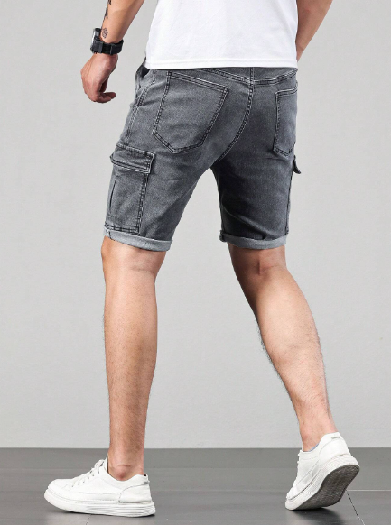 Manfinity LEGND Men Cotton Flap Pocket Side Bermuda Denim Shorts Cargo Plain Light Grey Vacation Basic