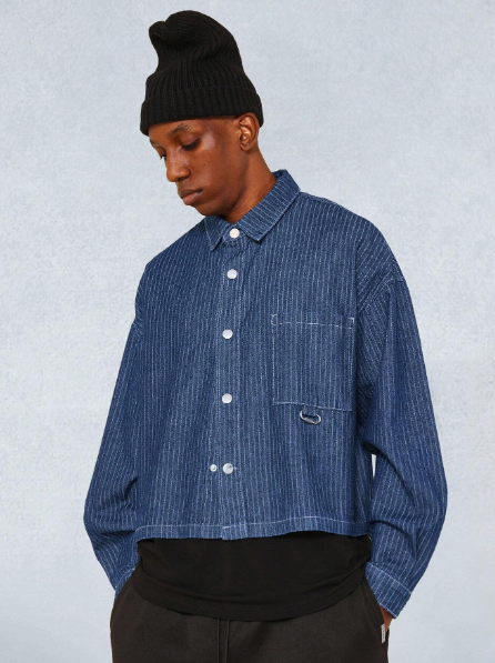 SUMWON Crop Long Sleeve Stripe Denim Shirt