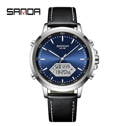 Sanda Waterproof Round Men's Fashion Quartz Watch Stainless Steel Strap Outdoor Watch  SILVER BLUE LEATHER STRAP