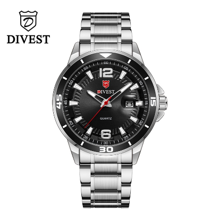 DIVEST Brand Luxury Mens Watches Fashion Waterproof Quartz Casual Male Military Original Calendar Men's Watches 9025 SILVER BLACK