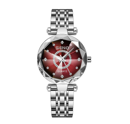 Seno Ocean Star Steel Band Women's Watch Fashion Crystal Ladies Quartz Wristwatch SILVER RED