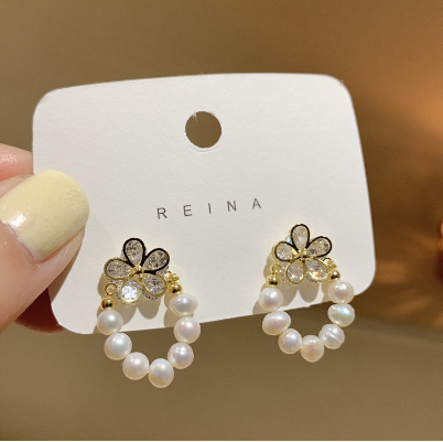 S925 silver needle flower zircon natural freshwater Pearl Earrings