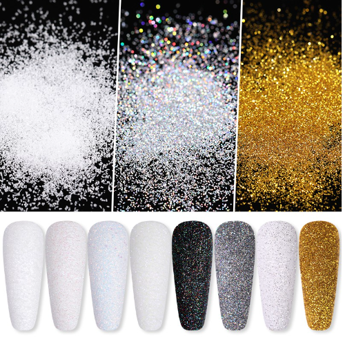 Born Pretty White Nail Glitter Gradient Shiny Powder Iridescent Pigment Sparkly Art Chrome Silver Decoration