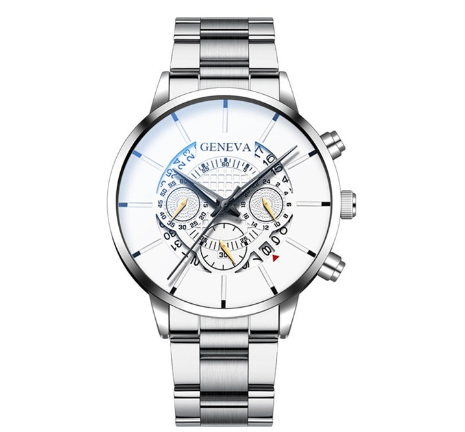GENEVA Fashion Watch Men Stainless Steel Waterproof Quartz Casual Wacthes SILVER WHITE