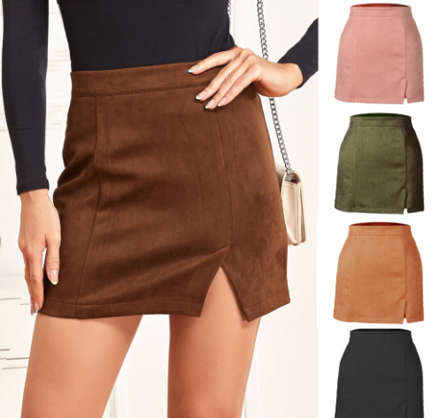 Women Casual High Waist Split Suede Mini Skirt