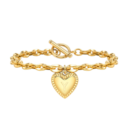 Vnox A-Z Letter Heart Charms Bracelet for Women Girl 18K Gold Elegent Love Stainless Steel Link Chain Initial Jewelry Birthday Present Y